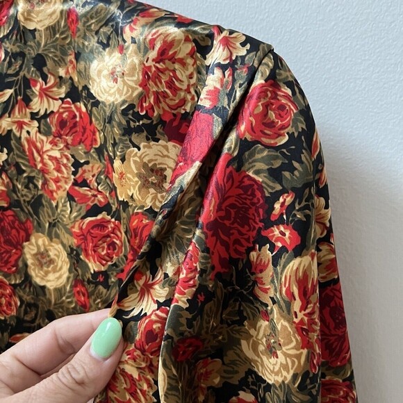 Vintage Notations 80s Womens Red Floral Satin Long Sleeve Blouse Mock Neck Sz 10 - Picture 6 of 7